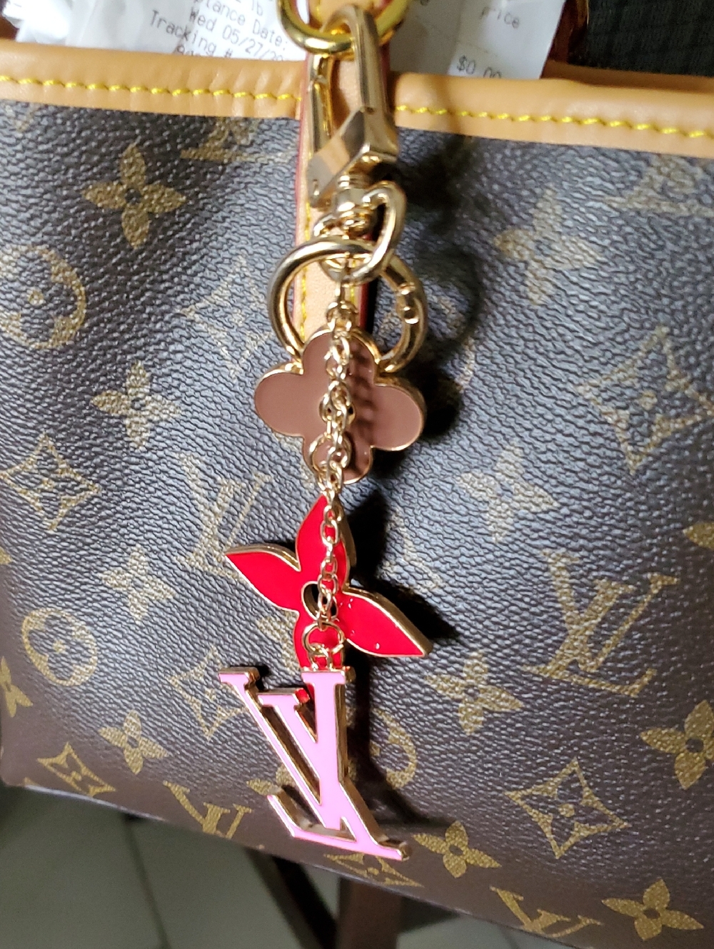 Gold Hardware Key Charm with Pink & Red Accents